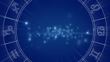 animation of spinning star sign wheel with flickering spots of light on blue background