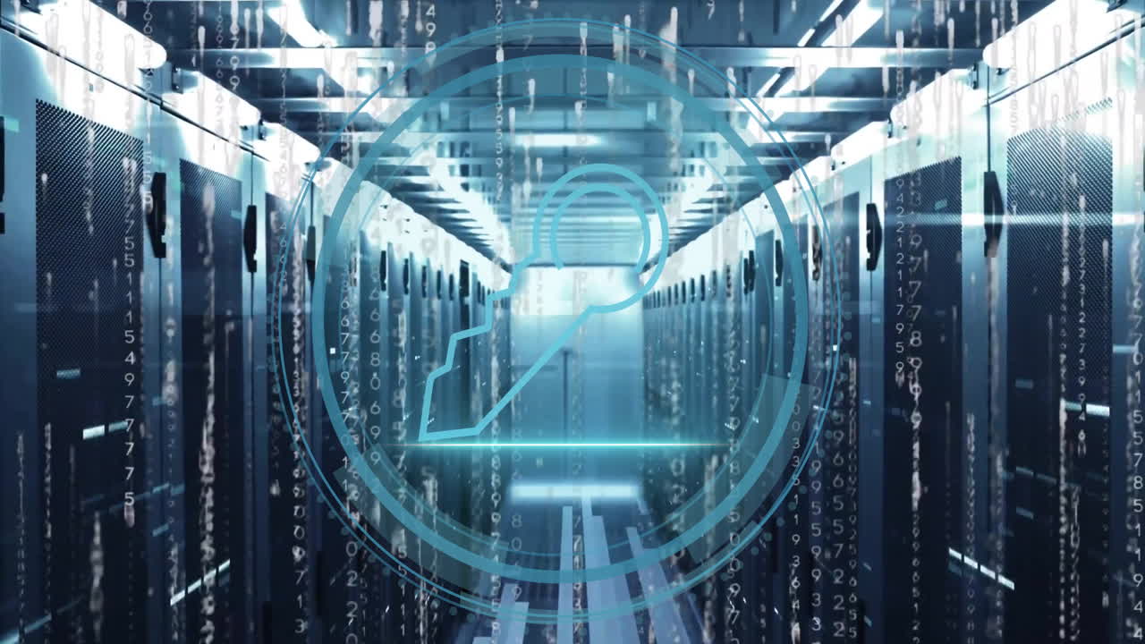 Animation of cyber security text and digital data processing over computer servers