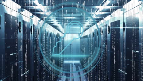 animación de texto de seguridad cibernética y procesamiento de datos digitales a través de servidores informáticos