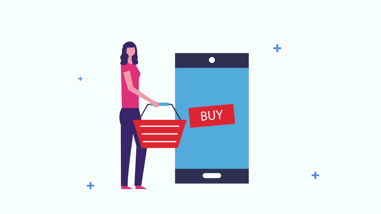 쇼핑 바구니와 스마트폰을 가진 사업가