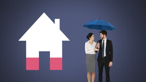 forma de casa llenándose de color y dos personas de pie bajo un paraguas