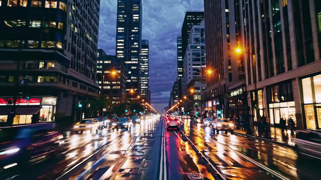 Video dinamico di paesaggio urbano con una vista dal basso di una strada affollata di notte, che cattura l'effetto mosso.