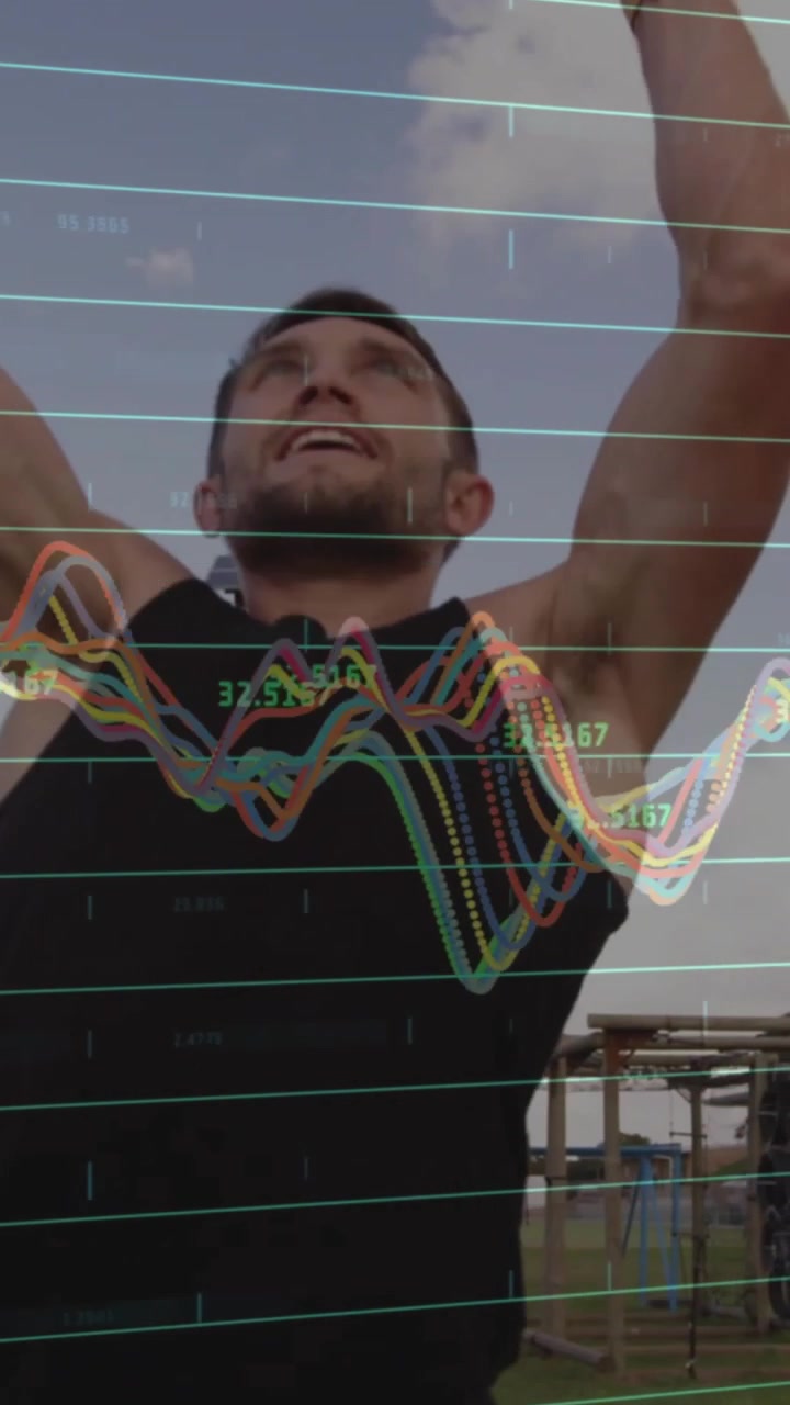 Video vertical: Hombre agarrando una barra de dominadas y haciendo repeticiones, con superposición de gráfico y cuadrícula para seguimiento de la actividad física.
