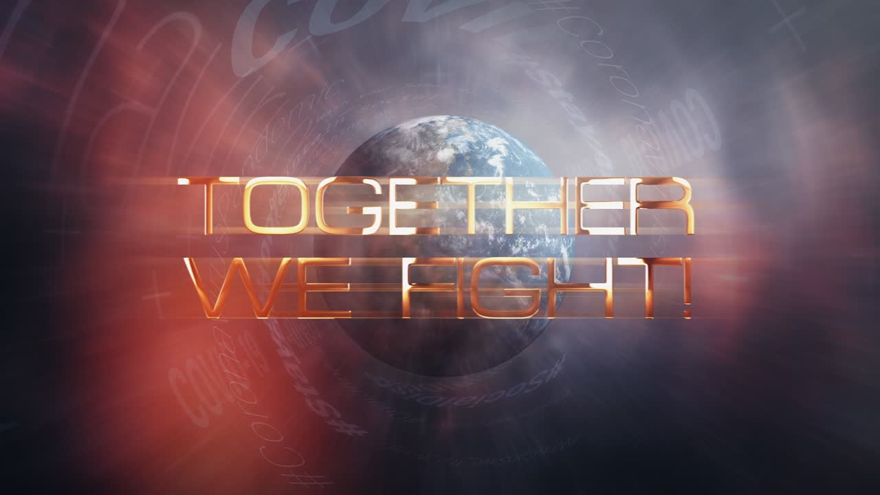 Coronavirus Covid-19 pandemic outbreak Together We Fight Campaign Cinematic Title background concept.  4K 3D seamless loop Covid 19 Together We Fight gold text glitch transition effect intro banner.