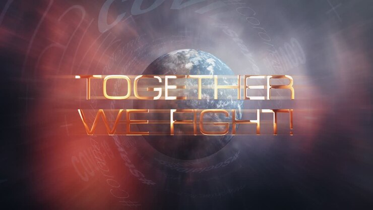 Coronavirus Covid-19 pandemiudbrud "Sammen Kæmper Vi"-kampagne filmisk titelbaggrundskoncept. 4K 3D sømløs loop Covid 19 "Sammen Kæmper Vi" guldtekst glitch-overgangseffekt intro-banner.