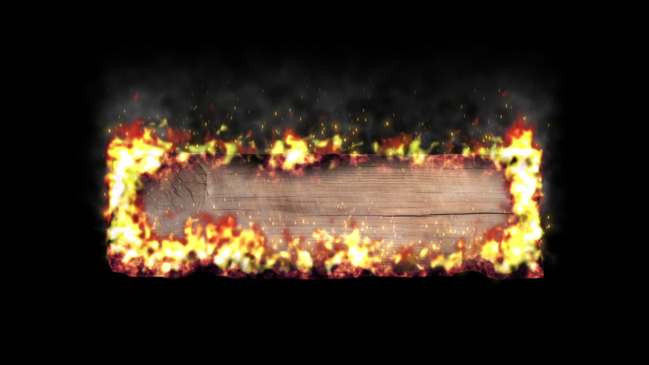 Banner insegna in legno in fiamme, in loop.