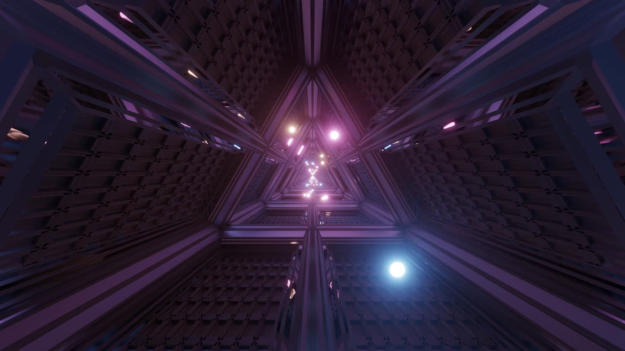 esferas brillantes partículas vuelan a través del corredor del túnel espacial del triángulo