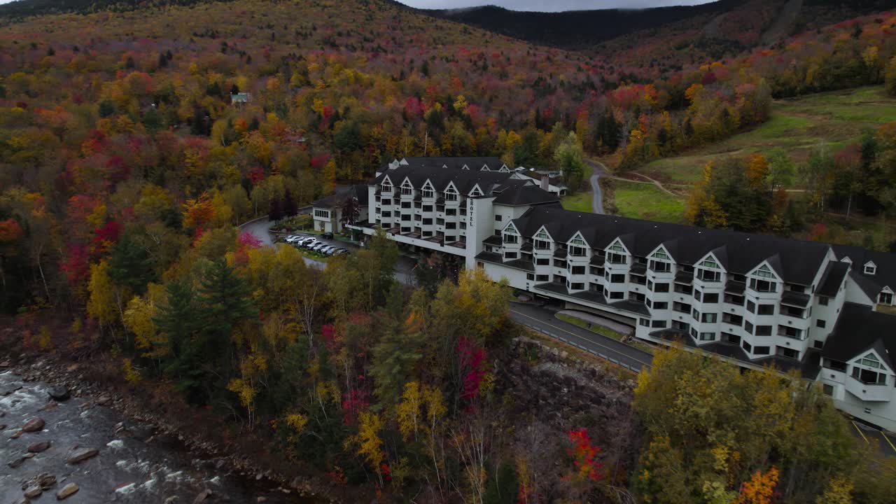Loon Mountain Ski Resort Fall Foliage of Lincoln in Grafton County, New Hampshire, Aerial