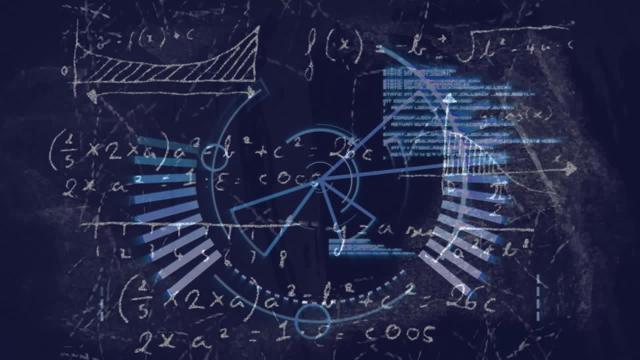 파란색 원형 스캐너의 애니메이션과 어두운 파란색에 수학적 방정식과 함께 데이터