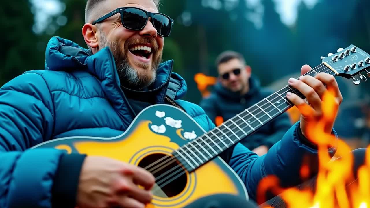 A man in sunglasses playing a guitar in front of a campfire