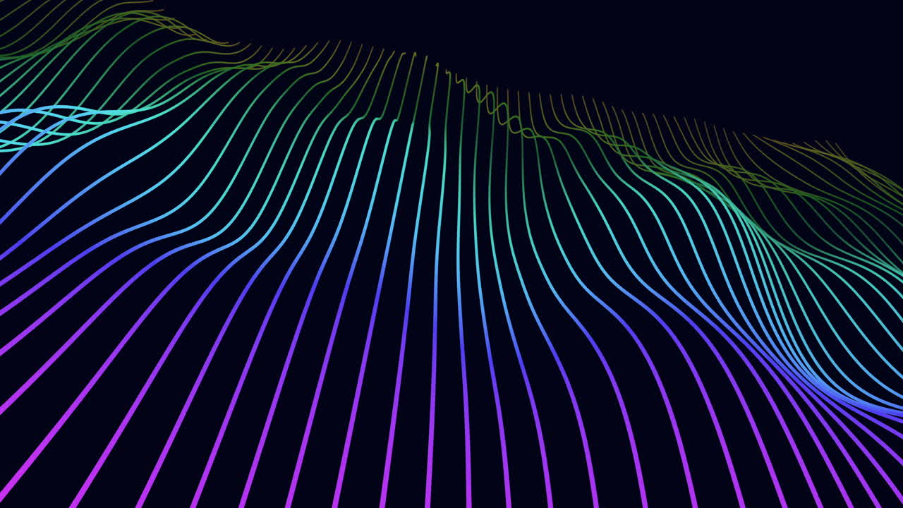 Vibrant neon lines form an undulating abstract digital on a dark background, suggesting data waves, sound visualization, futuristic technology and dynamic motion graphics for modern design projects