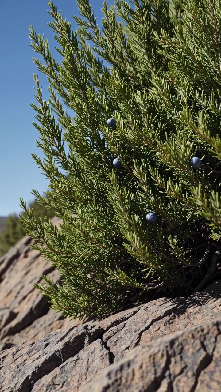 Grüner Wacholderbusch mit blauen Beeren, der auf Felsen wächst