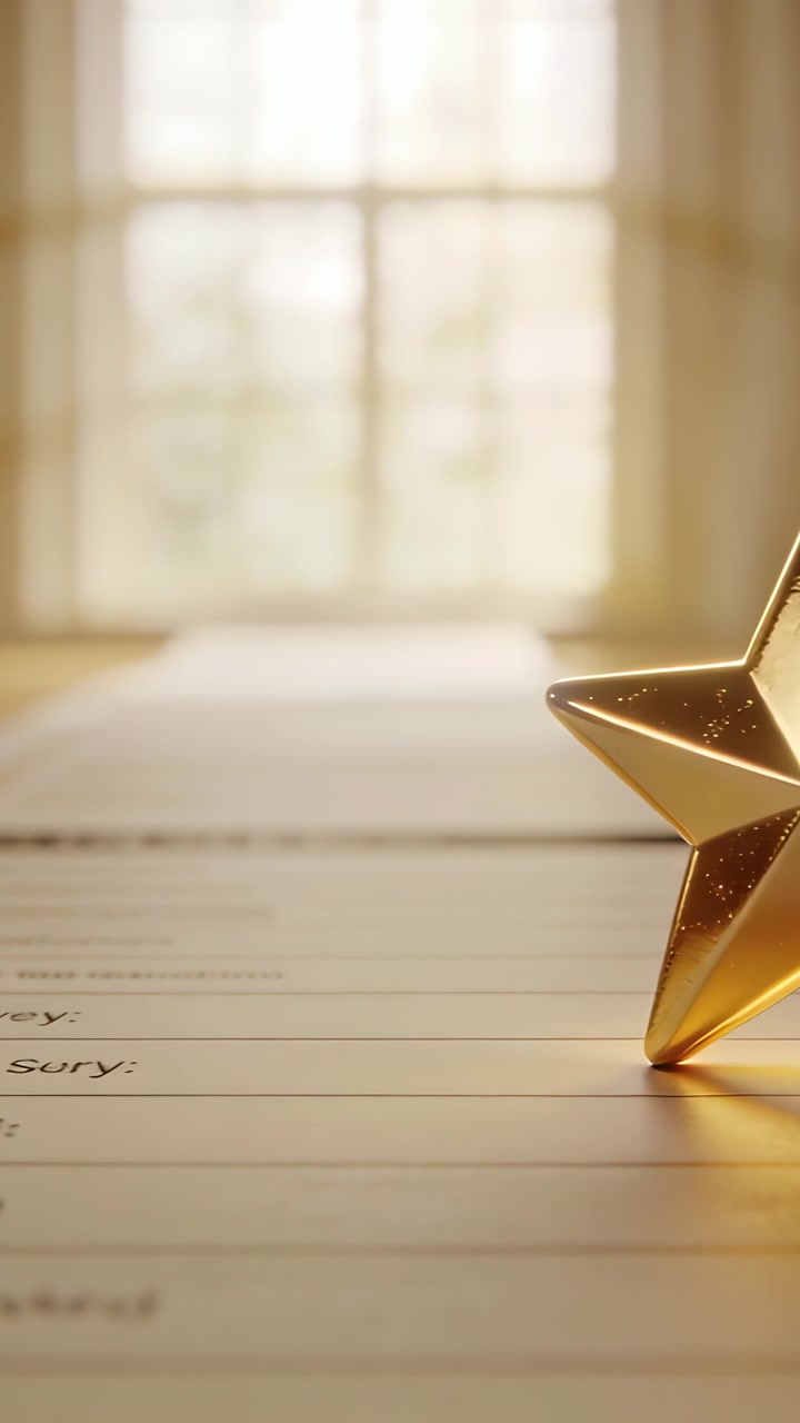 Vertical video: Camera moving showing gold star sliding on paper, highlighting award, copy space