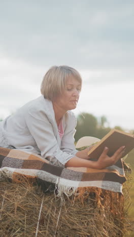 mujer descansando en una bala de heno en un campo abierto, leyendo un libro mientras está envuelta en una manta a cuadros, disfrutando de un momento de paz rodeada de naturaleza en un entorno rural