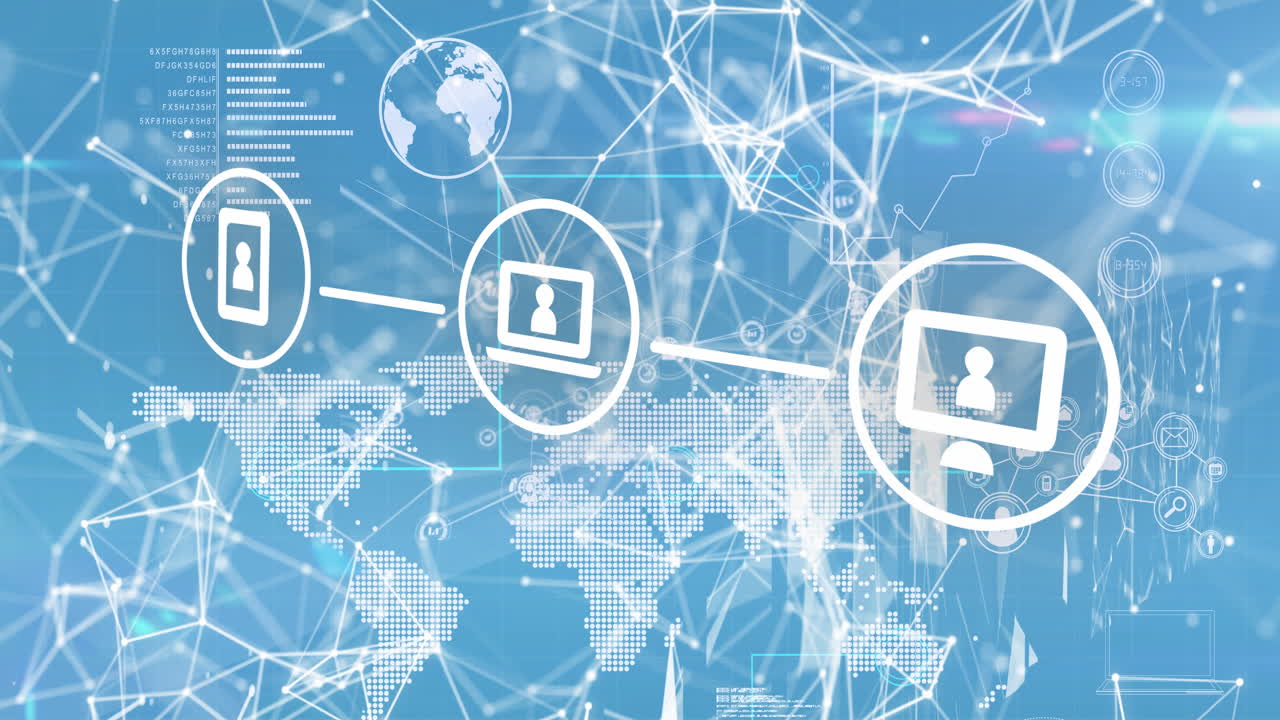 animación de la red de iconos y procesamiento de datos sobre el mapa del mundo sobre fondo azul