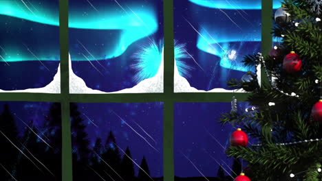 animación de la ventana con árbol de navidad y fuegos artificiales explotando en el cielo nocturno