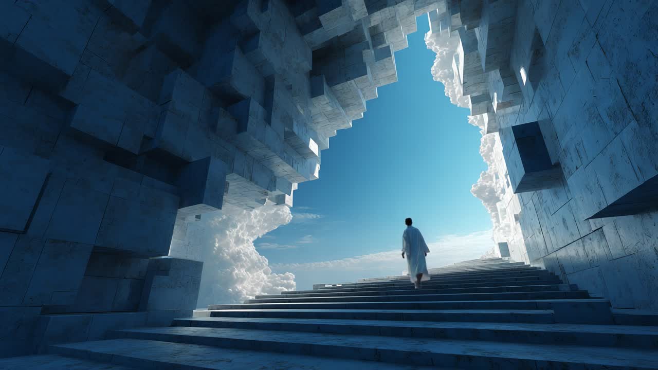 A solitary figure clad in white ascends a staircase of surreal, crystalline structures, leading towards a vibrant blue sky, capturing a moment of reflection on a journey of discovery