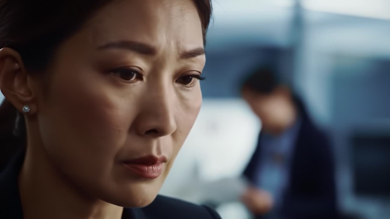 A woman appears deep in thought at her desk, showing concern over a task. In the background, colleagues are engaged in discussions, creating a dynamic workplace atmosphere.