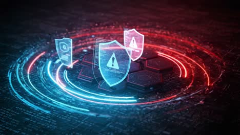 dynamic visualization of cybersecurity threats: an abstract representation of shields and data circuits to depict digital protection mechanisms against cyber attacks