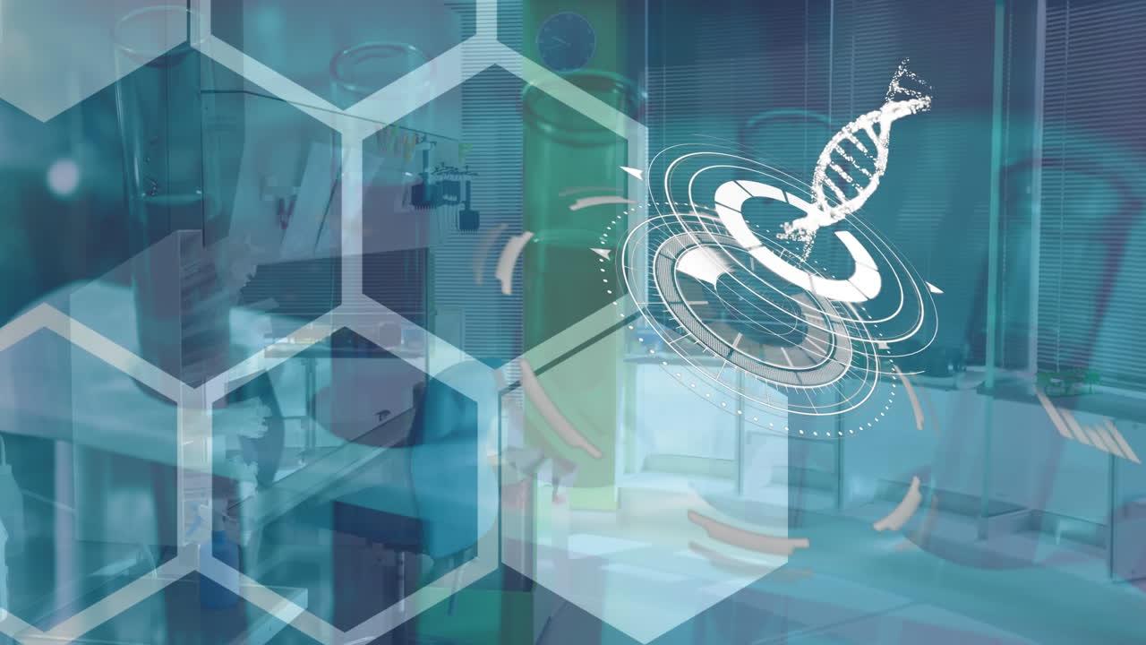 디지털 애니메이션은 dna와 화학 물질을 전시하고 세계 과학과 의학을 강조합니다.