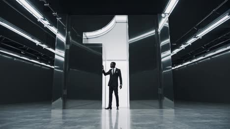 businessman standing in front of large number one doors