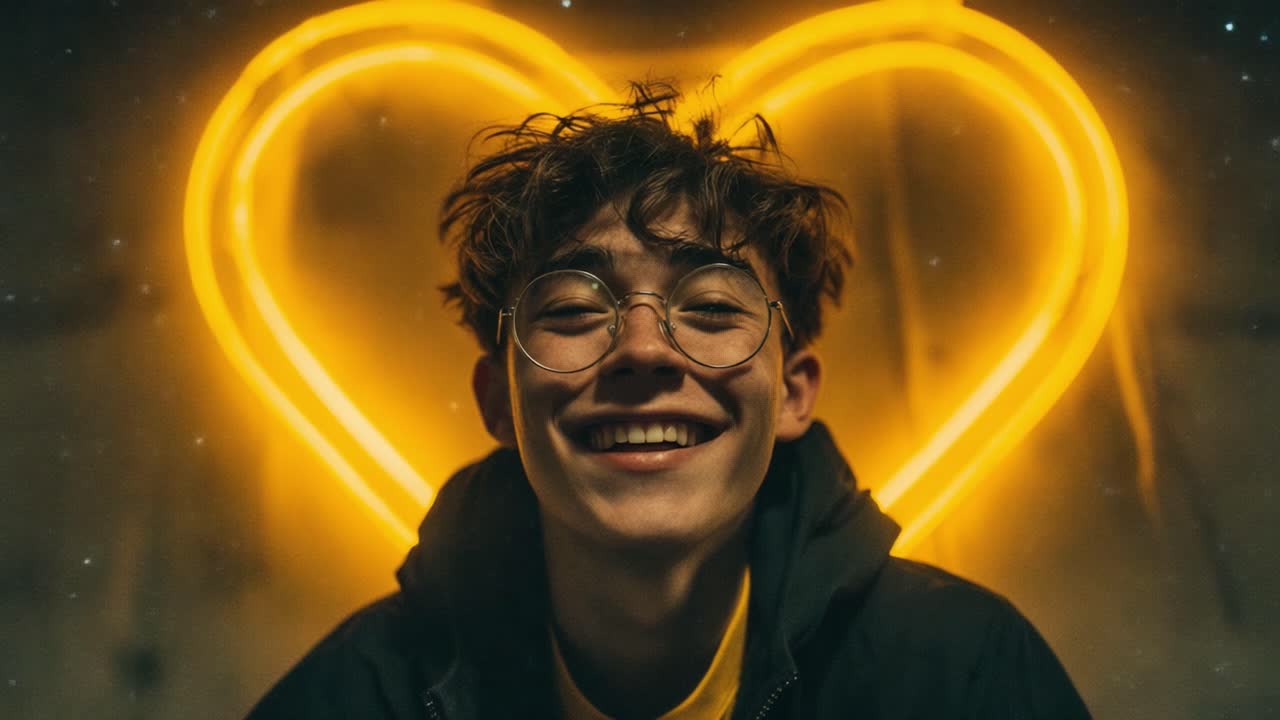 A joyful young person smiles brightly in front of a glowing heart-shaped neon light, capturing a moment of happiness and warmth with an artistic flair
