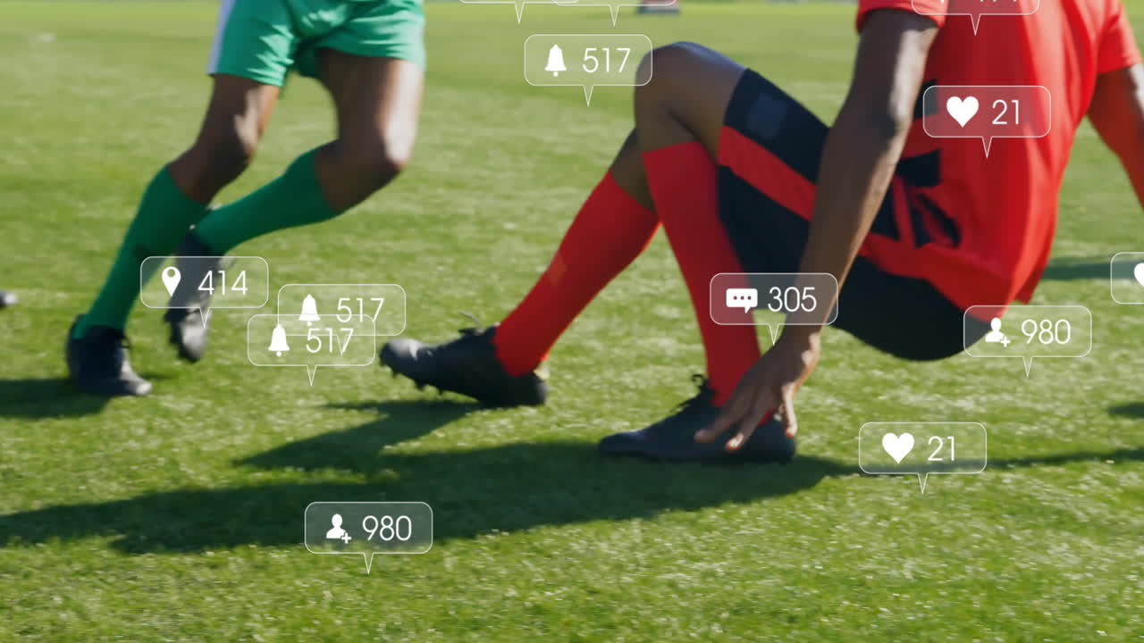 Soccer players on field with social media notifications overlay animation