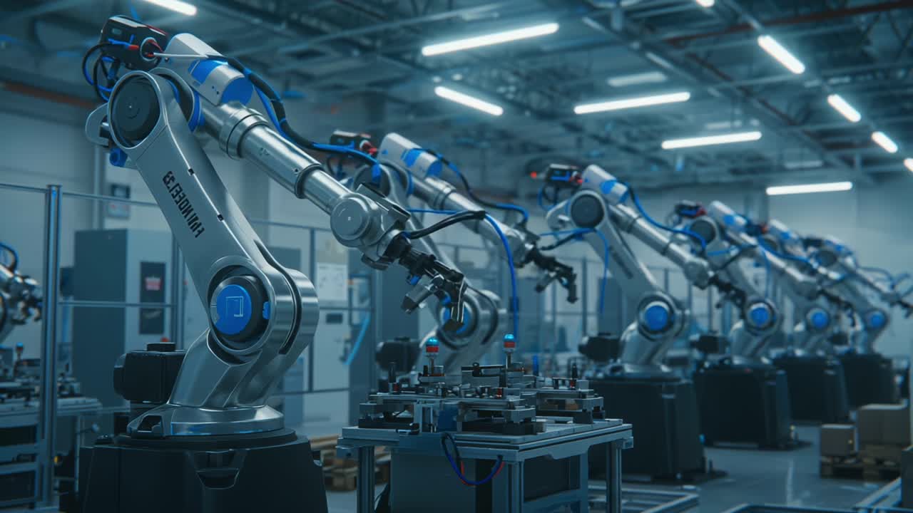 Advanced Industrial Robotics: A Glimpse into a High-Tech Manufacturing Facility Showcasing Precision Robotic Arms in Action
