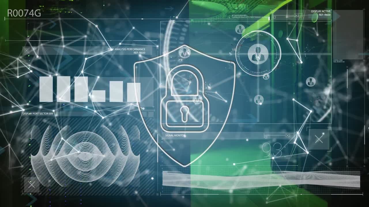 드, 점 및 프로파일 아이콘의 잠금 애니메이션, 데이터 센터를 통해 선과 그래프와 연결