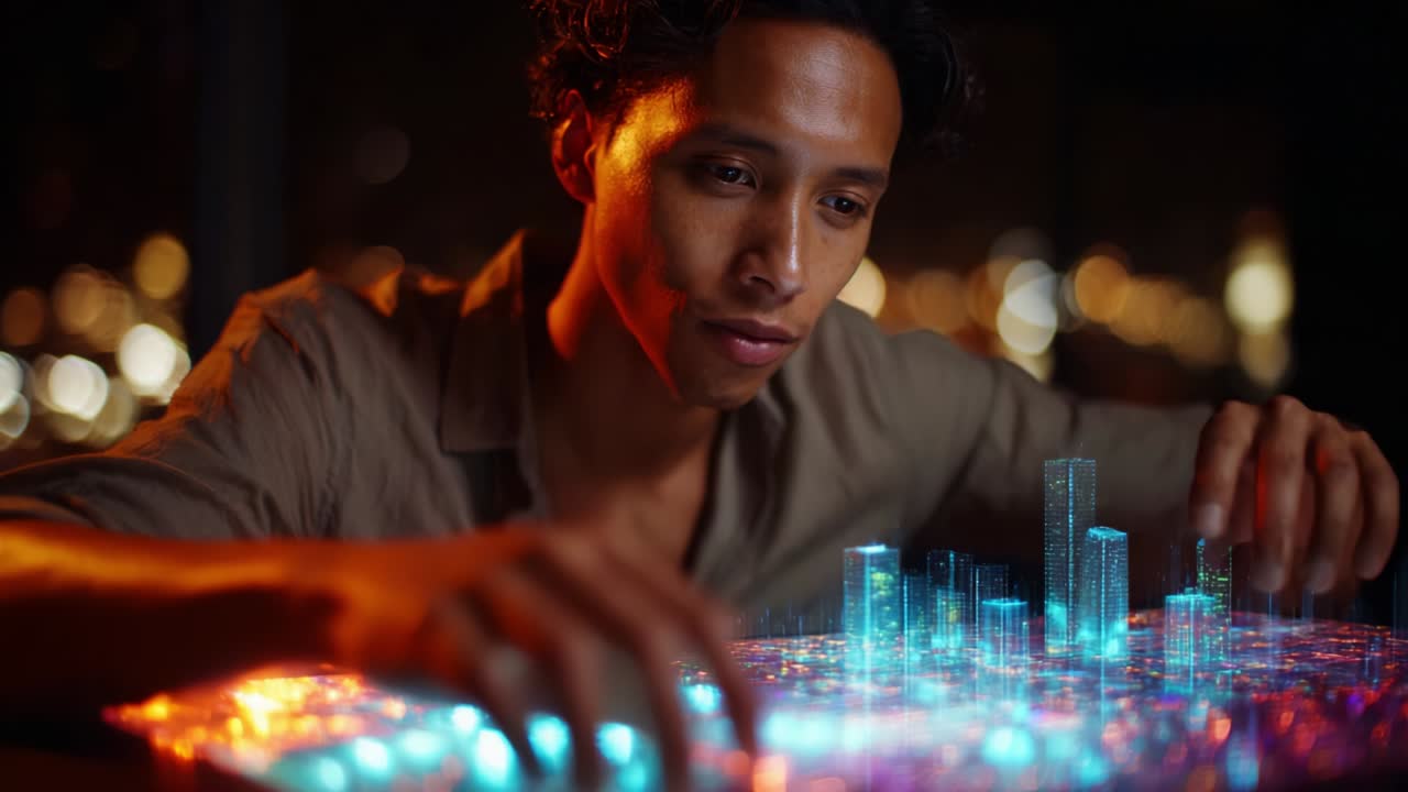 Un giovane innovatore con un modello olografico futuristico di città, che mostra tecnologia avanzata e sviluppo urbano, con particolare attenzione all'architettura digitale e alla visualizzazione creativa