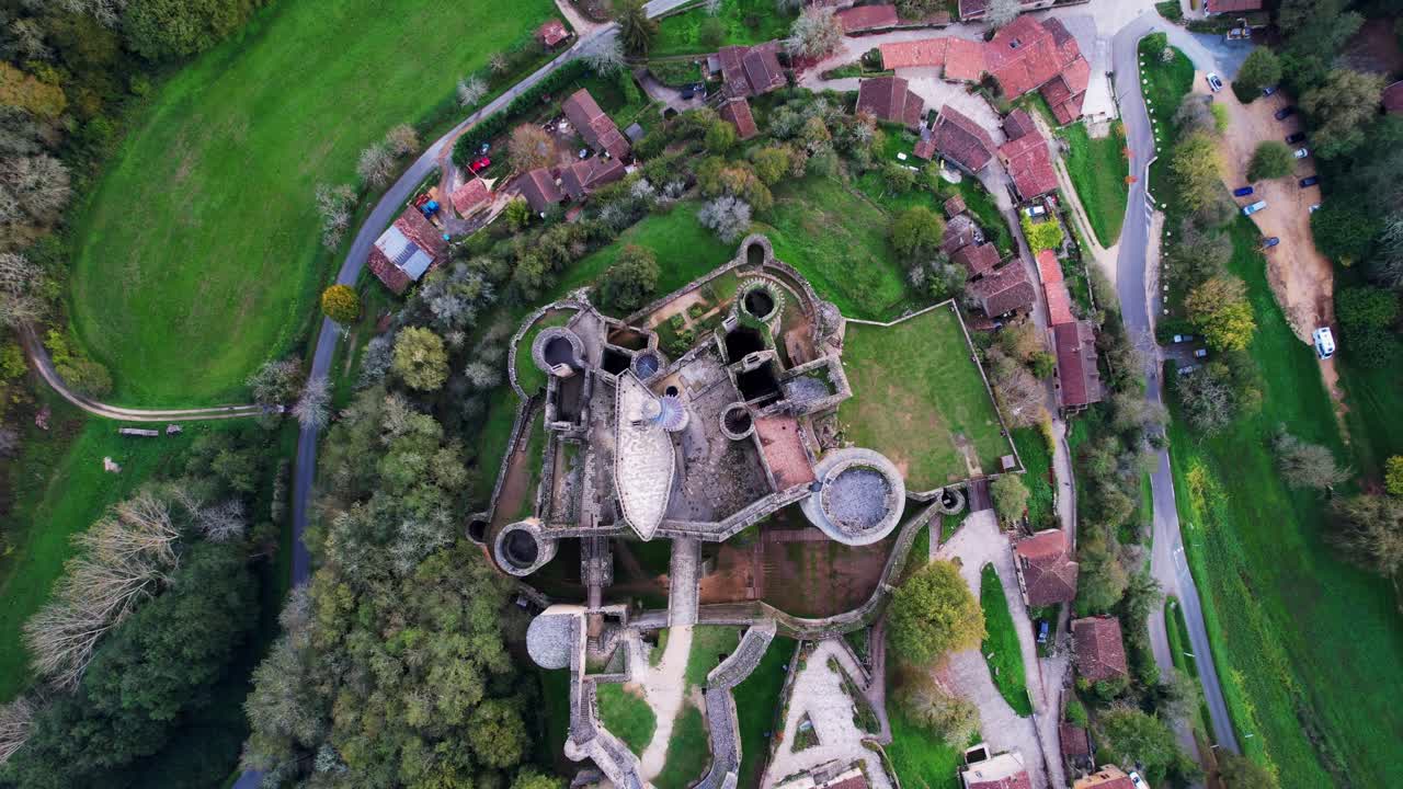 Aerial view of Bonaguil Castle, a historic fort from the 13th century