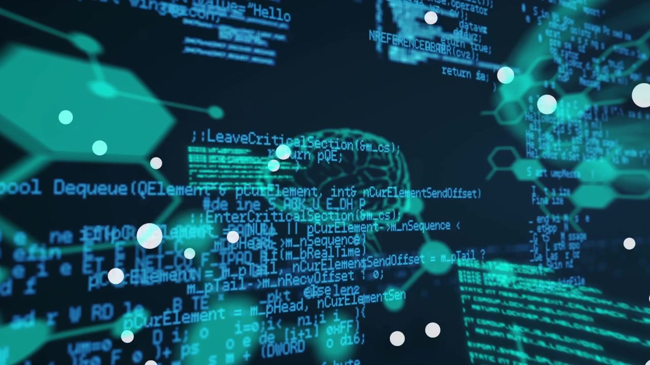Animation of green hexagons and brain over data processing on black background