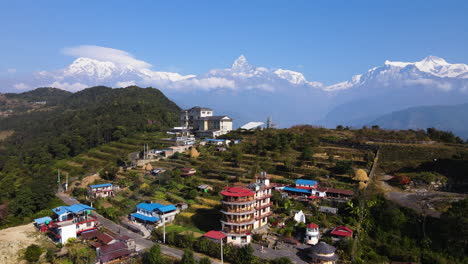 aerial view of hotel buildings and mountain houses over pokhara valley in nepal, south asia