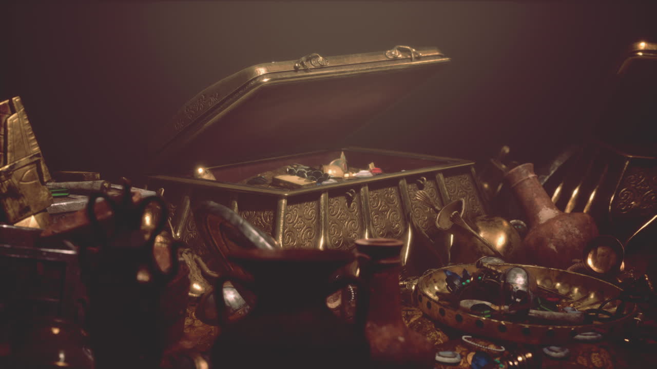 Bijoux et pièces d'or dans la grotte sombre