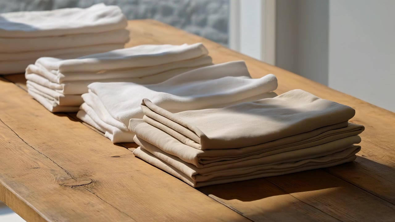 Biancheria bianca piegata con cura poggia su un tavolo di legno rustico accanto a una finestra luminosa, con una morbida luce naturale che crea una scena interna calma e minimalista.