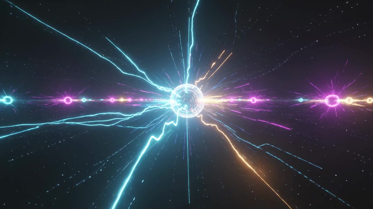 Emitting central glowing orb starting cyan filaments and powering horizontal node rail in void