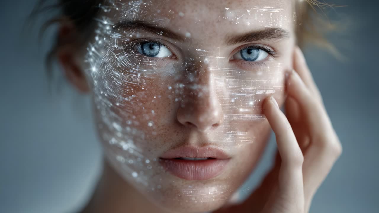 Mesmerizing Portrait of a Young Woman with a Digital Overlay, Showcasing Intricate Patterns on Her Face, Illuminating the Fusion of Technology and Beauty