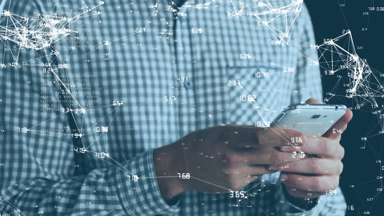 Animation of network of connections over man using smartphone