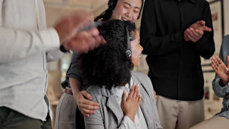 Call-center,-clapping-and-woman-winning