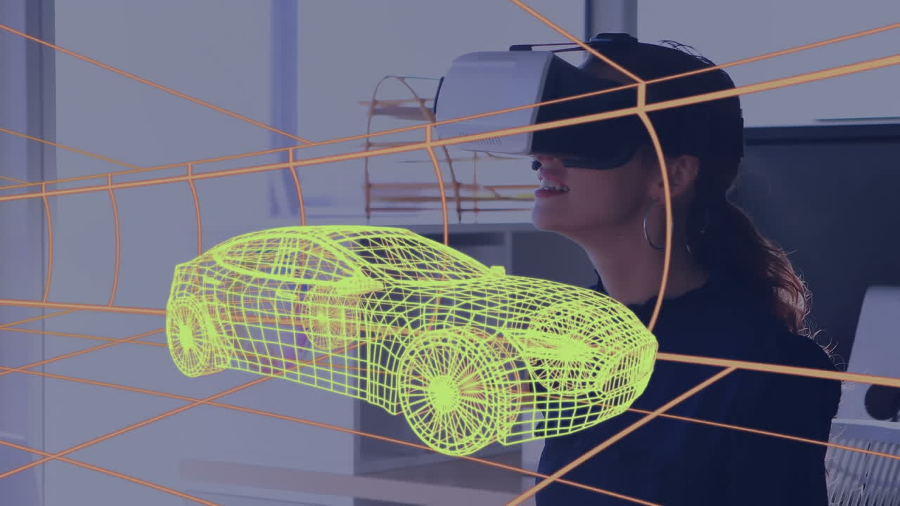 modelo de coche 3d sobre túnel digital contra una mujer que usa auriculares vr en la oficina