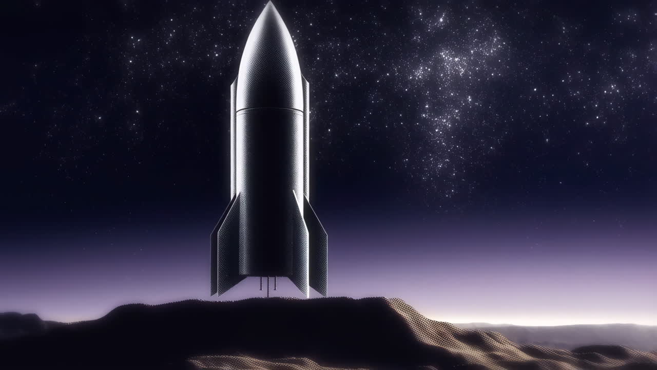 A futuristic rocket stands on a desolate alien landscape under a star-filled sky