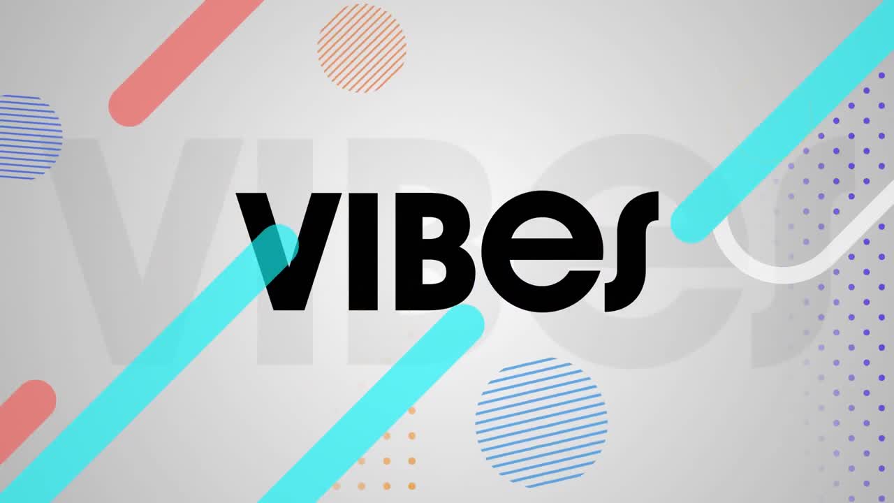 animación de vibraciones de texto negro, con elementos gráficos de colores, sobre un fondo gris