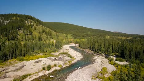 Plano-Diurno-Aéreo-Medio-Ancho-Volando-Hacia-Adelante-Sobre-Las-Curvas-De-Un-Rápido-Río-Empinado-Entre-árboles-De-Un-Bosque-De-Pinos-De-Verano-En-Los-Picos-De-Las-Montañas-Rocosas-En-Alberta-Canadá