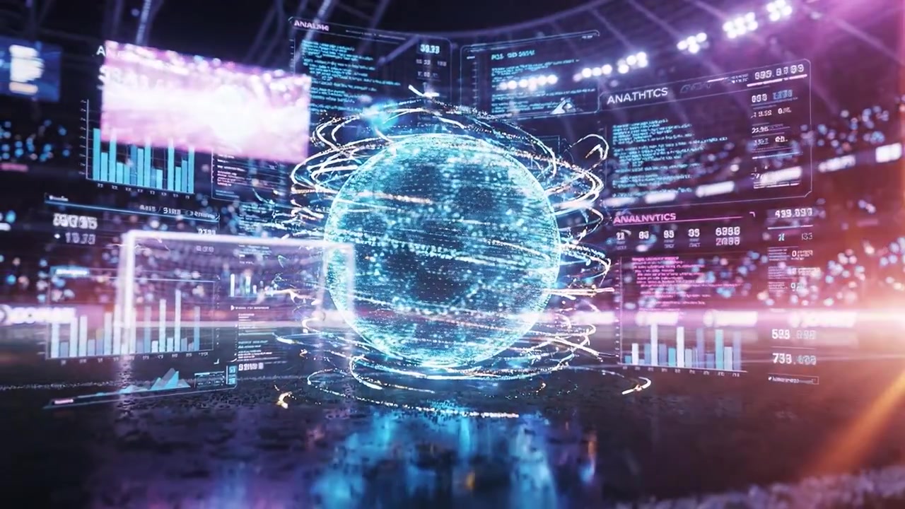 Dynamisk fotballanimasjon med digitale effekter på et futuristisk stadion, som fremhever sportsteknologi og dataanalyse i moderne sport.