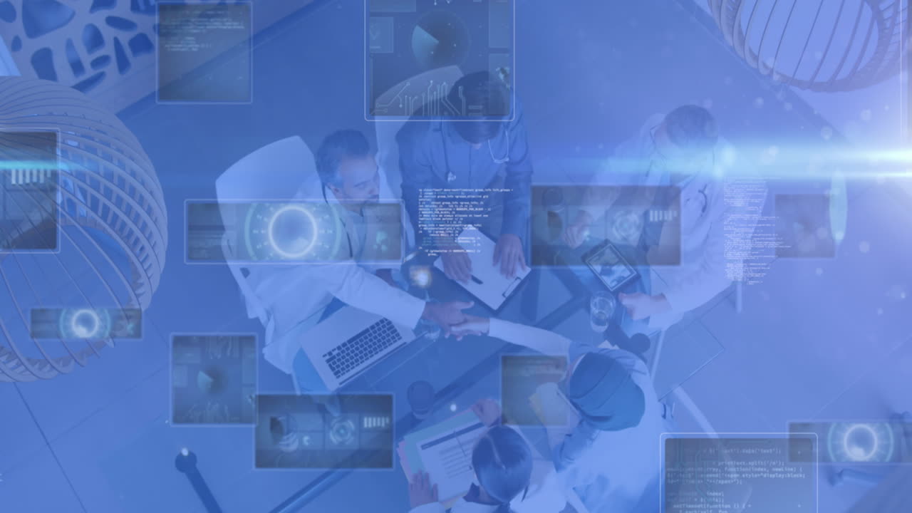 회의에서 의사 위의 화면에서 의료 데이터 처리 및 스 ⁇  스캐닝의 애니메이션