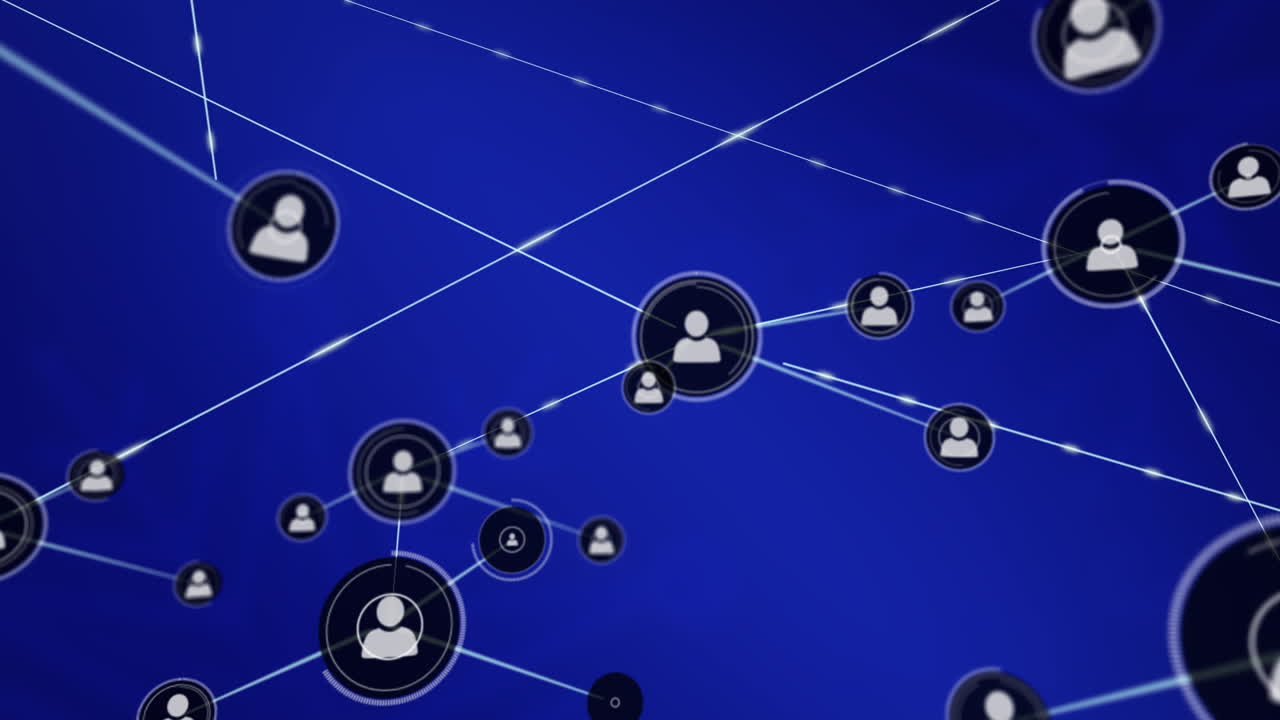 animación de iconos humanos que aparecen mientras se conectan por líneas digitales sobre fondo azul