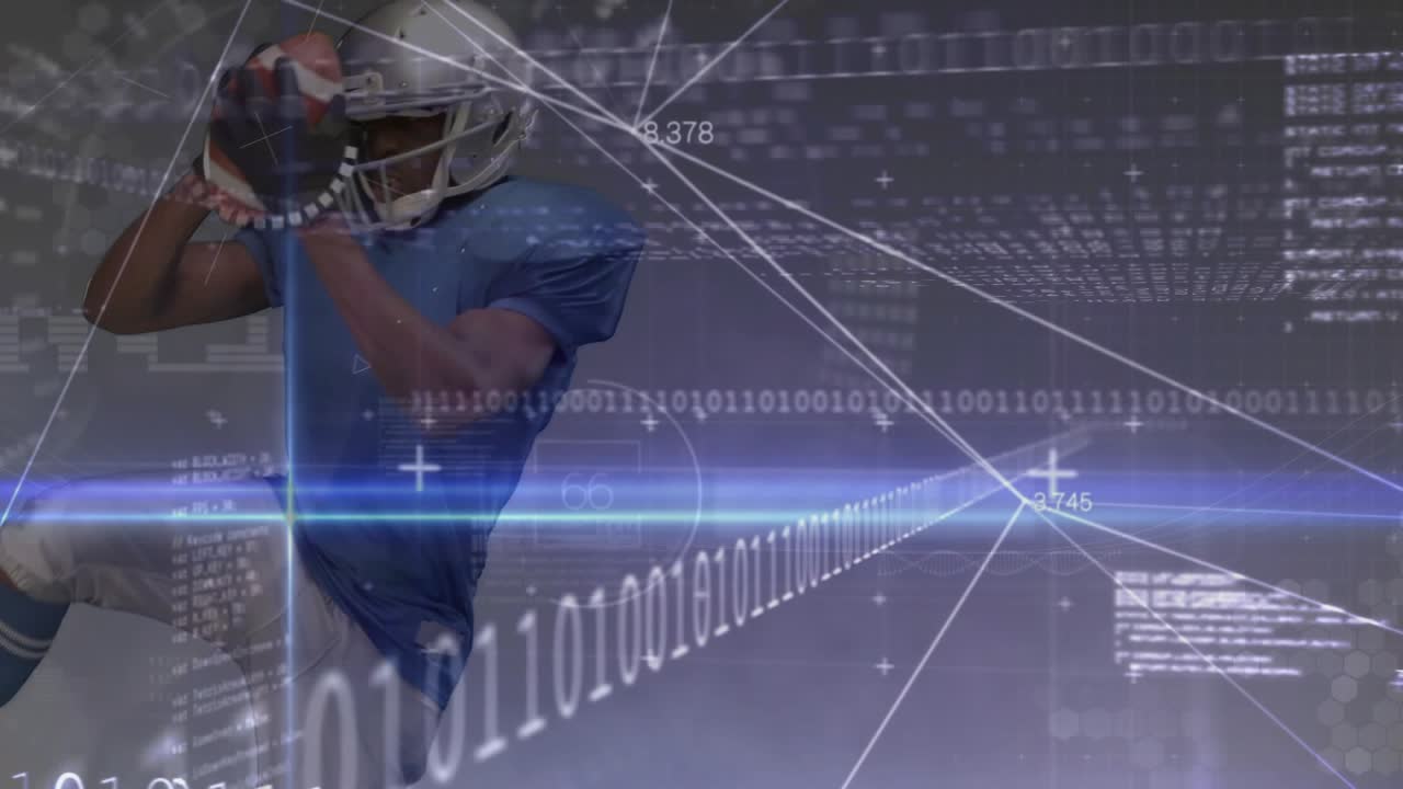 Male player entering catching football and holding as sports HUD tracking motion protecting ball