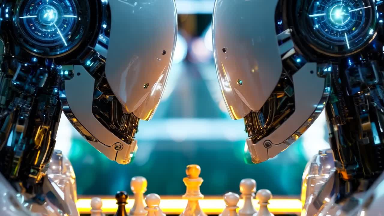 dos robots jugando al ajedrez en un tablero de ajedrez