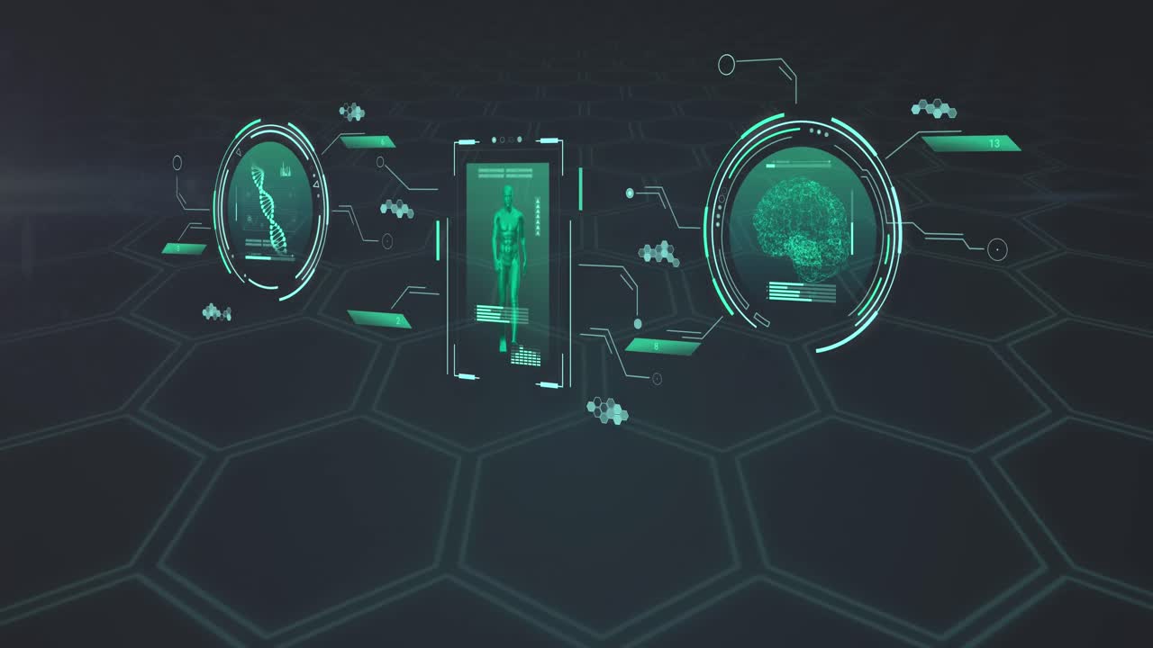 Animation of data processing with human walking and brain over shapes