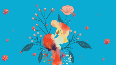 animation of mother and baby, flowers spinning in hypnotic motion on blue background